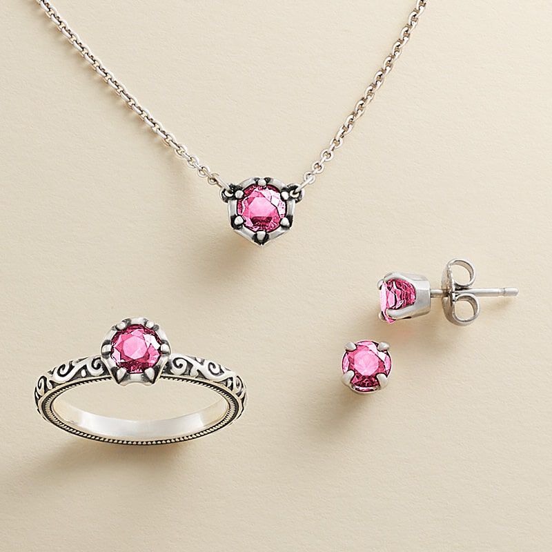 Pink sapphire gemstone ring, earrings and necklace