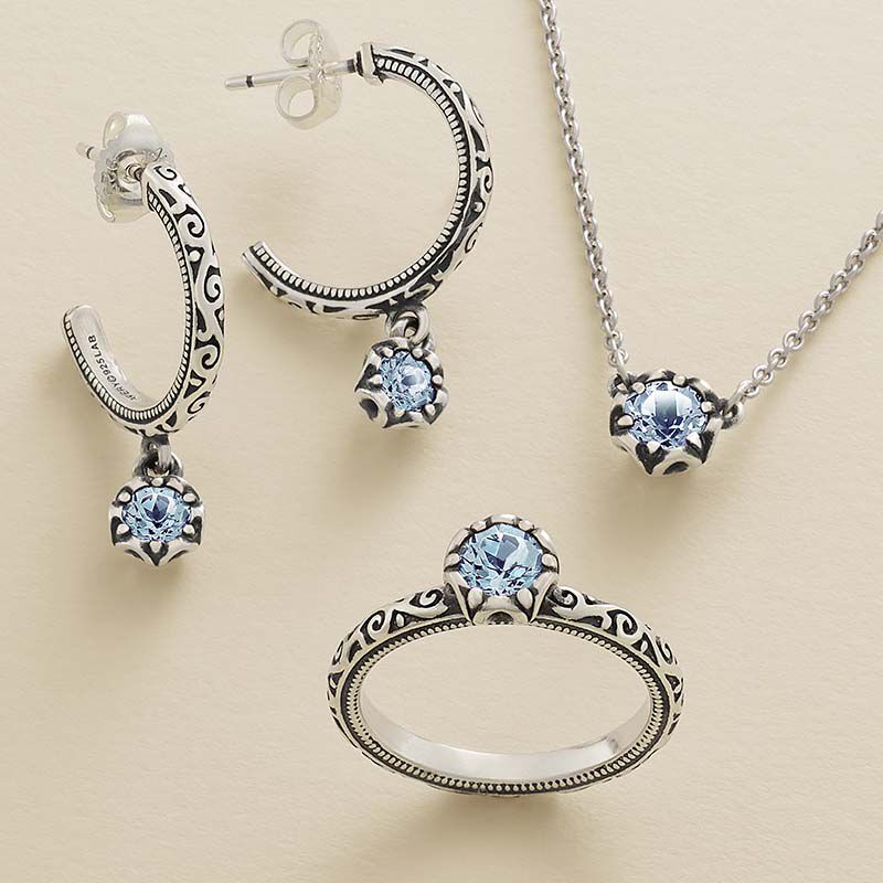 Aqua Spinel jewelry designs in sterling silver from James Avery.