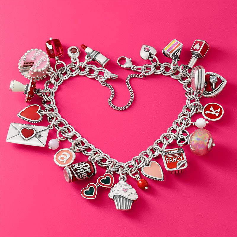 Valentine’s Day charms on a bracelet with enameling from James Avery.