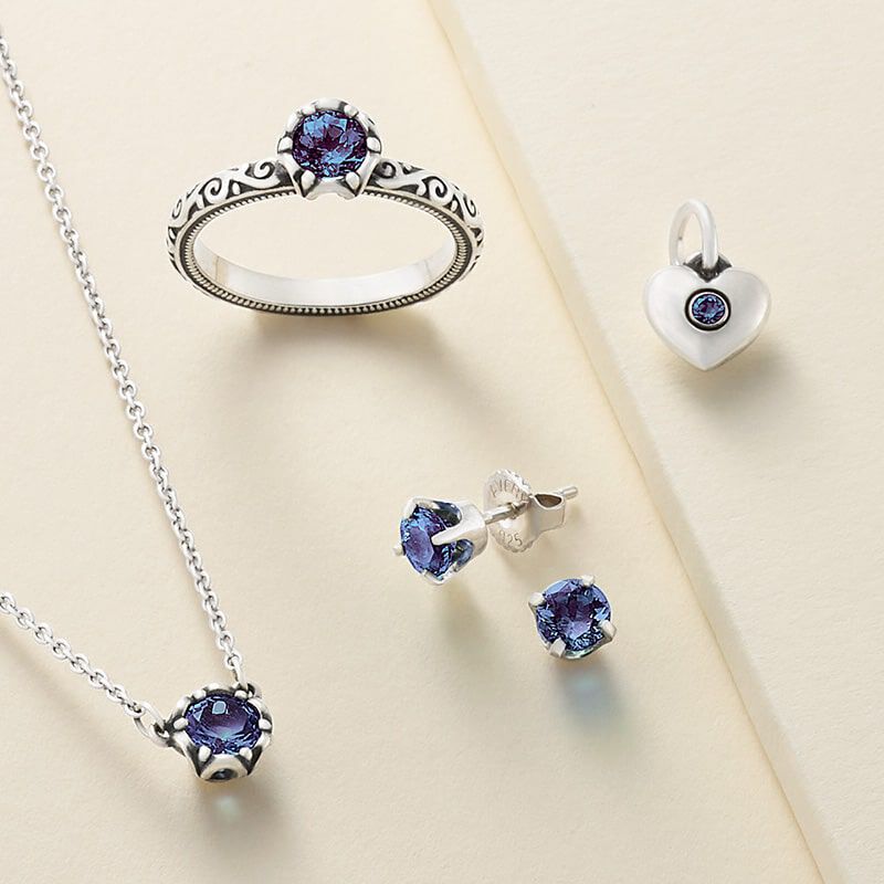 Sterling silver birthstone earrings, necklace and ring