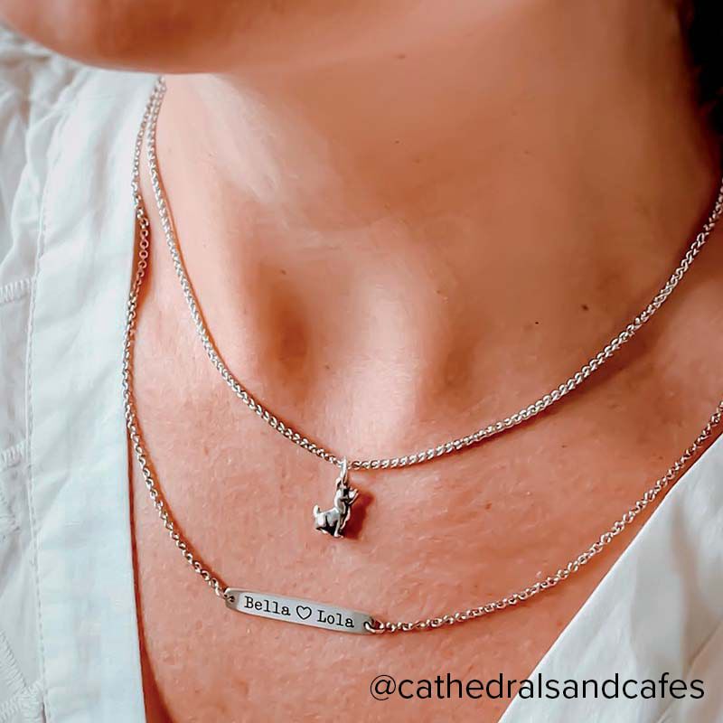 Sterling silver necklace with engraving layered with a sterling silver chain and dog charm