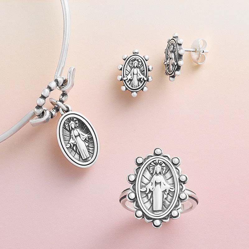 Virgin Mary earrings, charms and more in sterling silver.