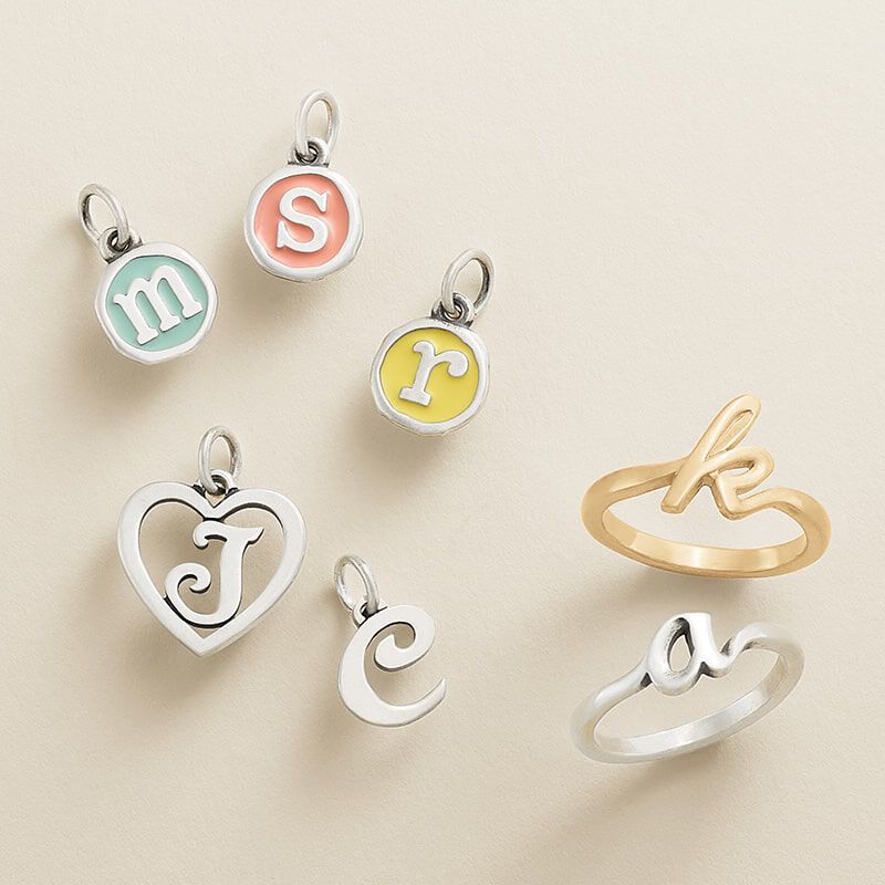 Enamel initial disc charms with rings in sterling silver and gold