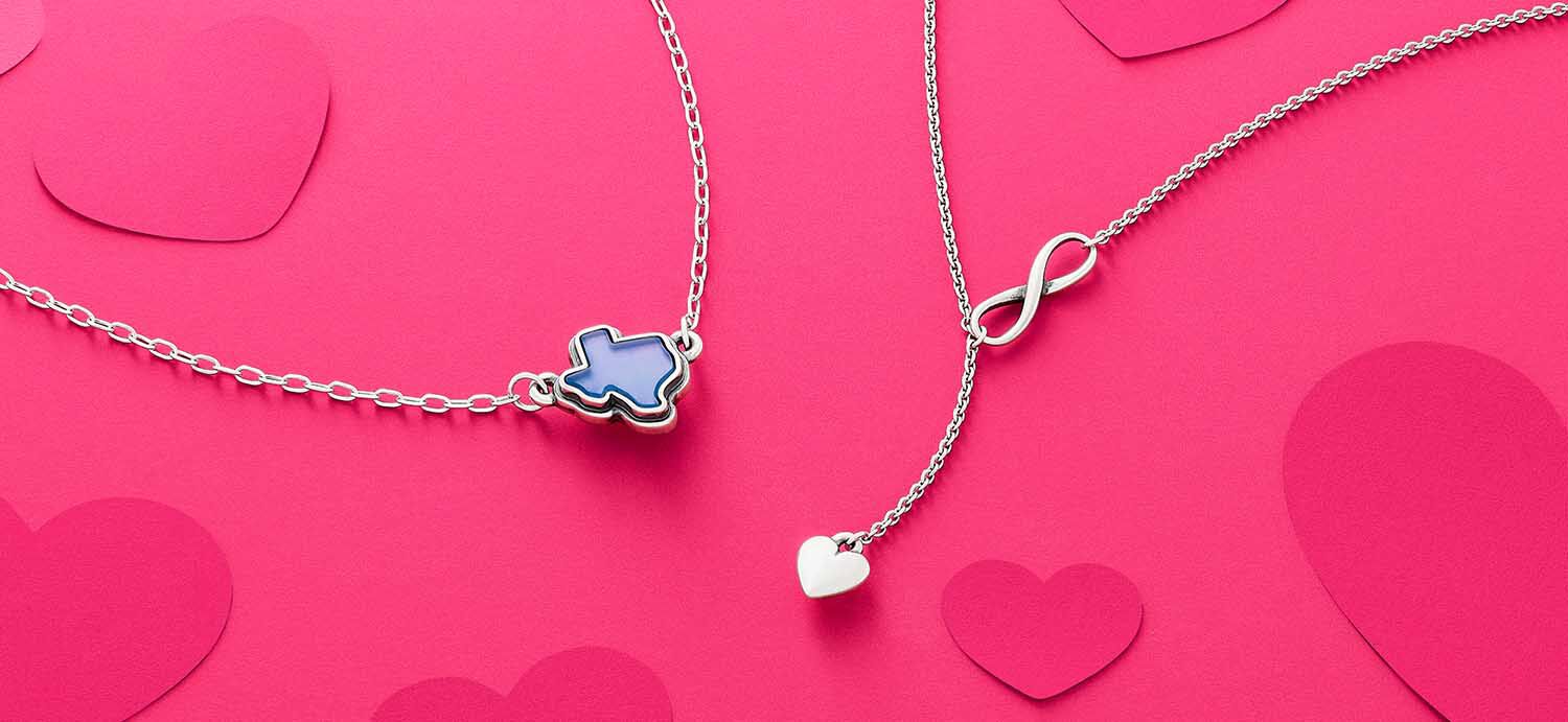 Texas and heart necklaces in sterling silver from James Avery.