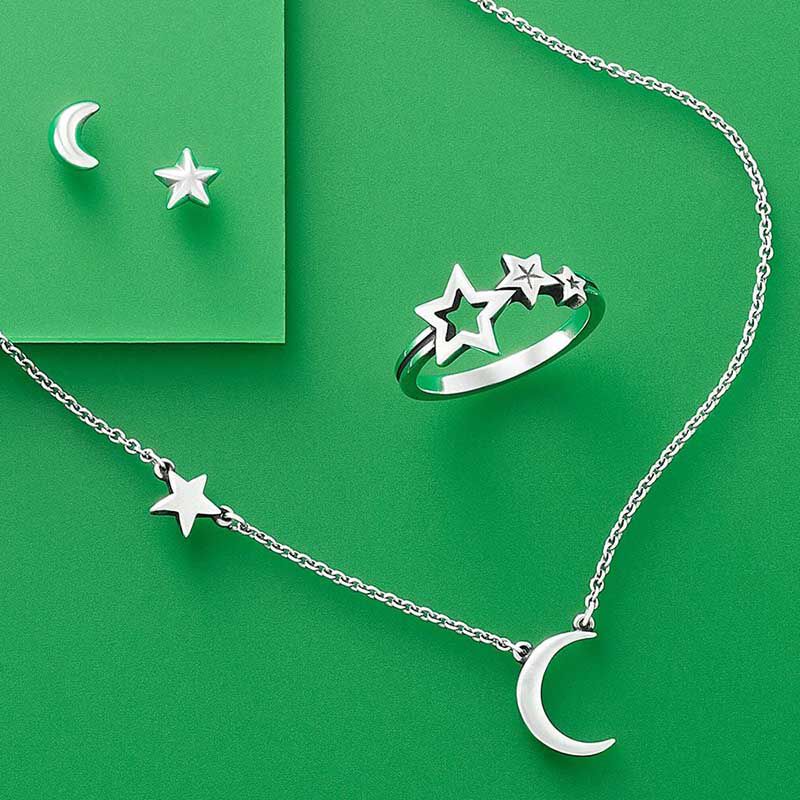 Star and moon themed necklace, earrings and ring in sterling silver