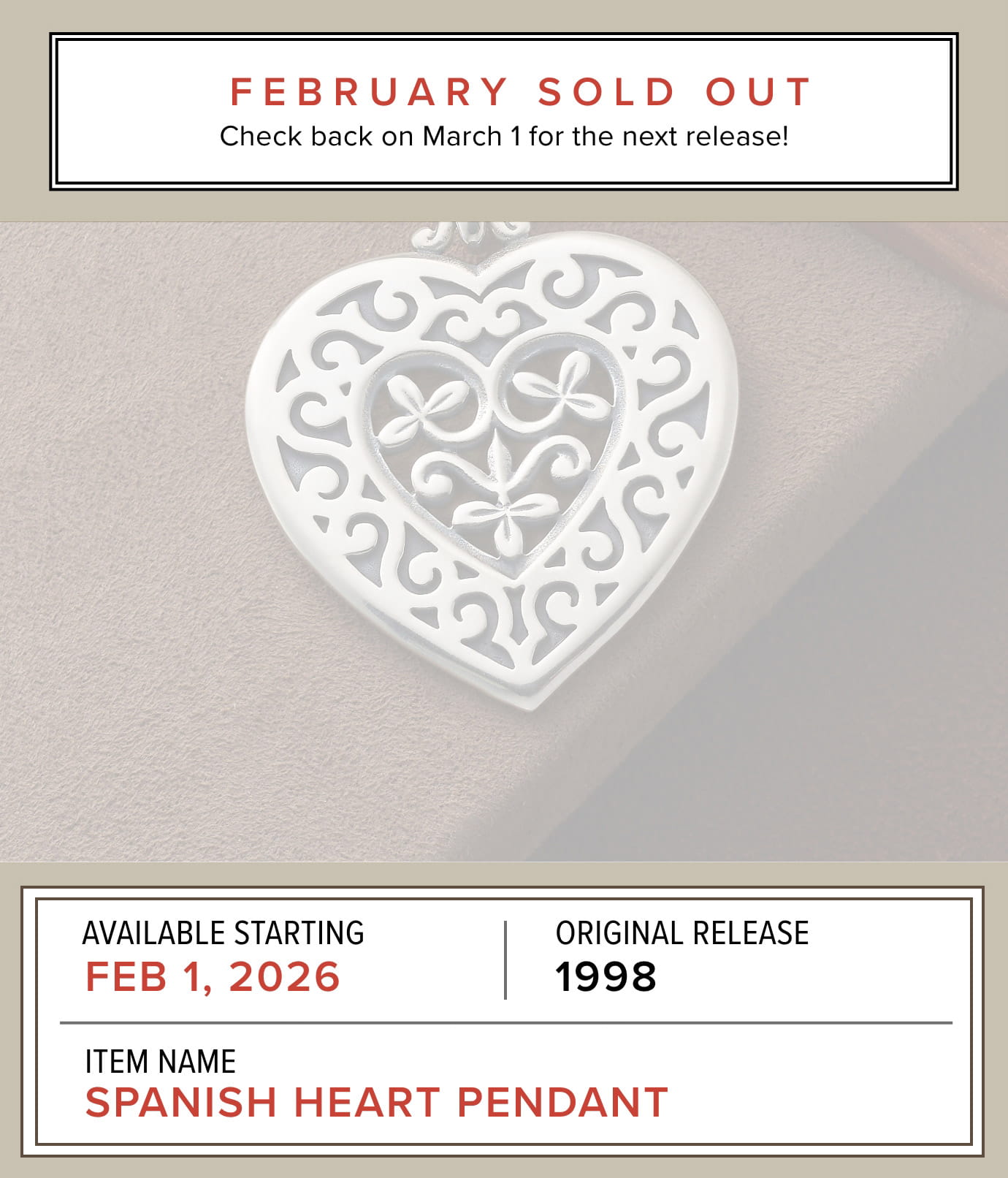 SOLD OUT - Designs From Our Archives - Available Starting February 1, 2026 - Original Release 1989 - Item Name: SPANISH HEART PENDANT