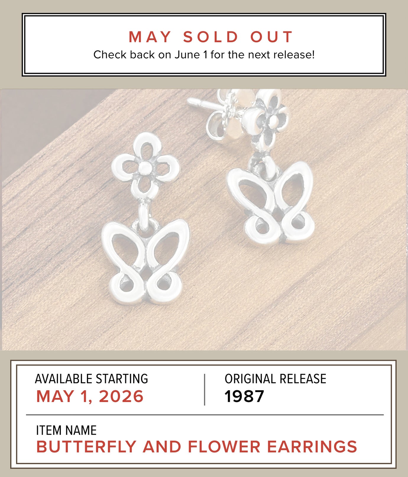 SOLD OUT - Designs From Our Archives - Available Starting MAY 1, 2026 - Original Release 1987 - Item Name: BUTTERFLY AND FLOWER EARRINGS