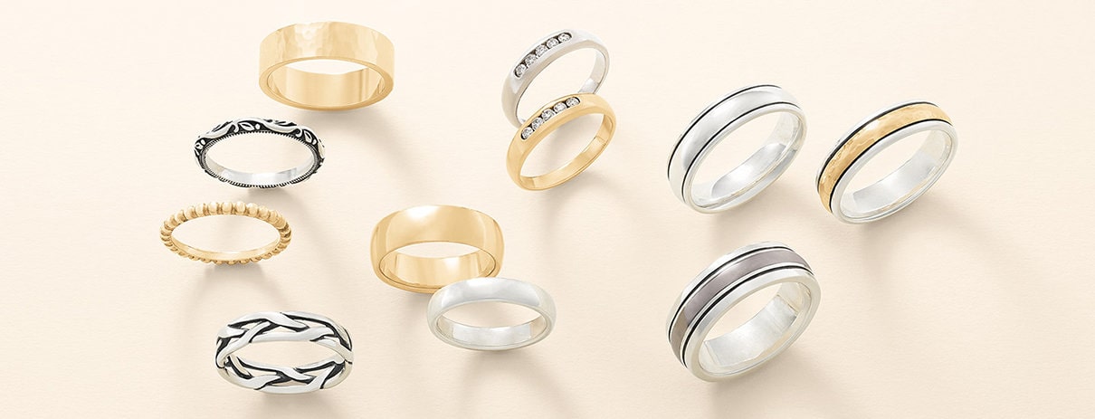 Wedding bands in silver and gold; plain and with diamonds.