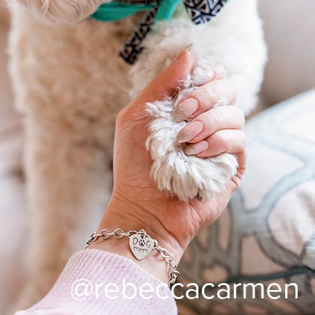 Mom with bracelet holding dog’s paw.
