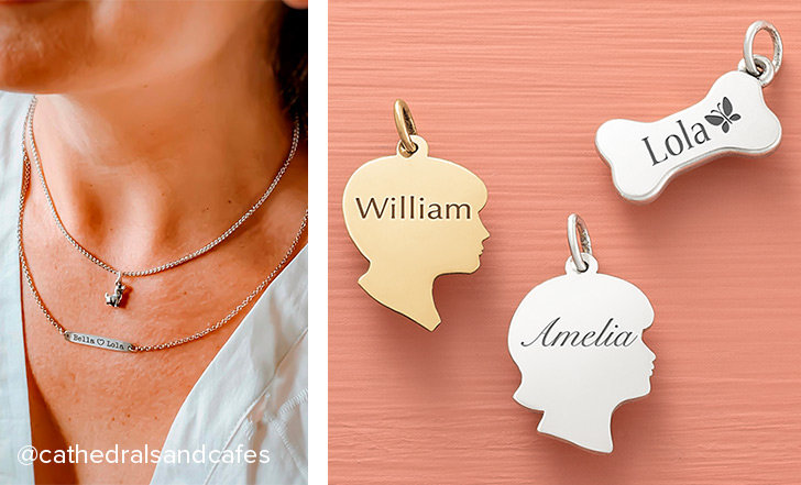 A woman wearing the Engravable Horizon Necklace with a custom, personal engraving layered with another necklace. An assortment of engravable charms in sterling silver and gold.