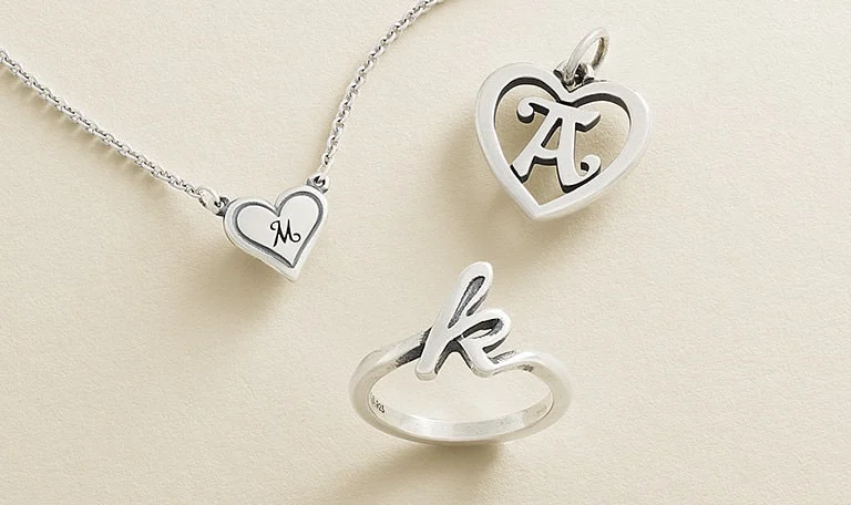 Sterling silver initials in necklaces, rings, and charms