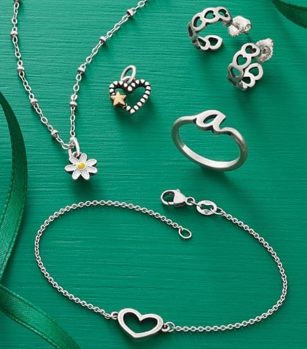 Sterling silver flower and heart jewelry designs under $75.