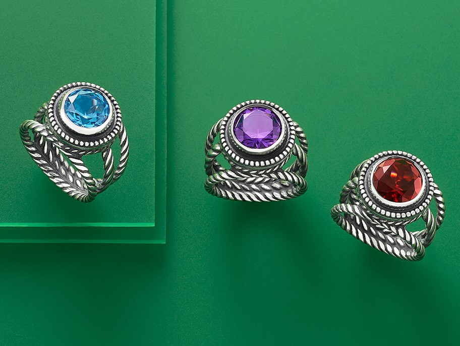 Colorful twisted wire gemstone rings in sterling silver.