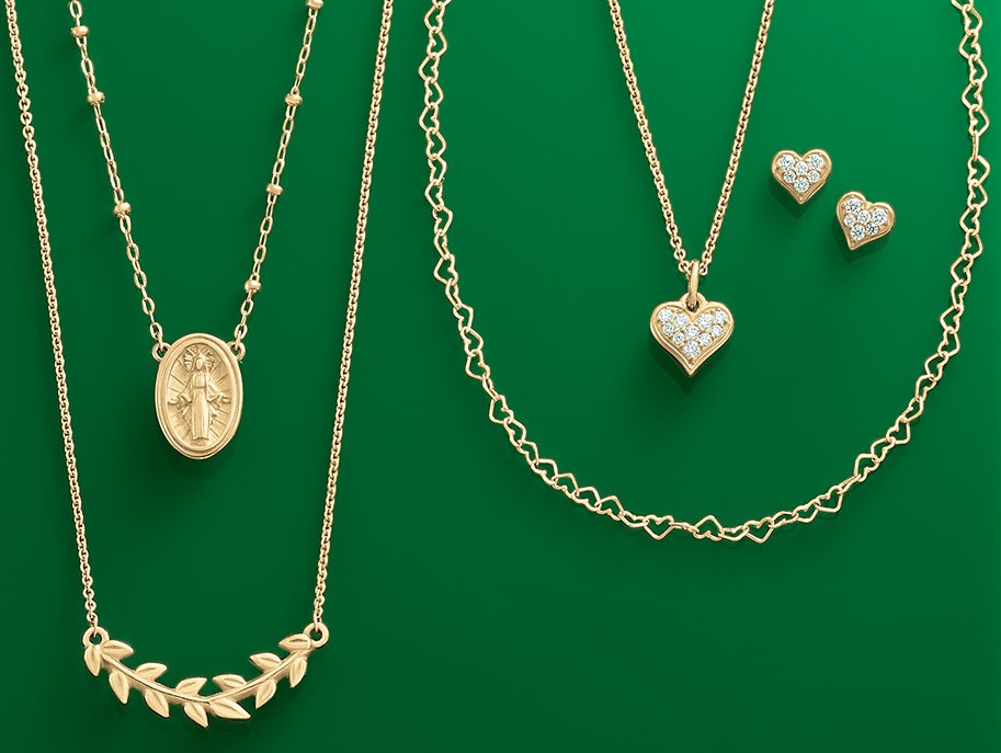 Pendants, earrings and necklaces in 14 karat gold.